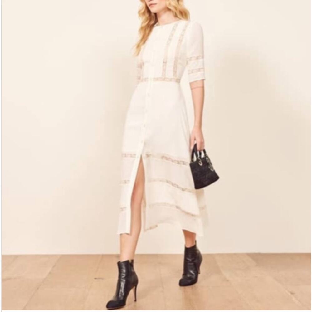 Reformation Surrey Sheer Lace Panel Button Front Midi Dress Ivory Cream Size 2